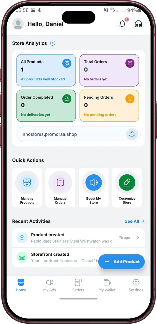 Promoraa vendor app home: store analytics, store link and quick actions