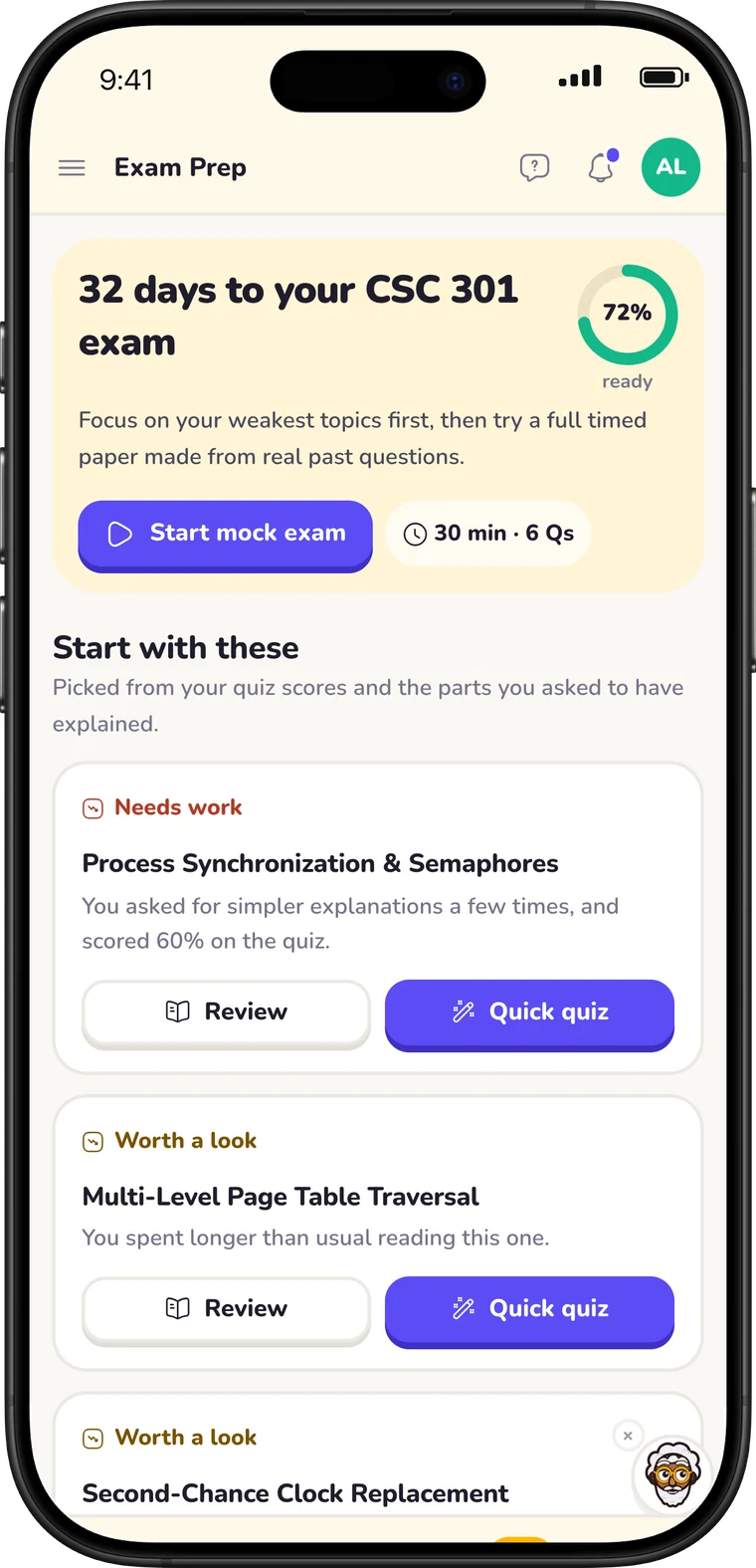 VirtualProf exam prep on iPhone: CSC 301 exam prep hub with priority focus areas